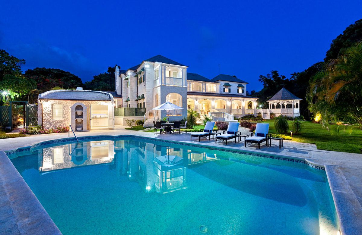 The Life Style Real Estate Offering In Barbados Luxecaribbean Properties   Windward%2C Sandy Lane%2C St. James%2C Barbados REAR EXTERIOR TWILIGHT OVER POOL 